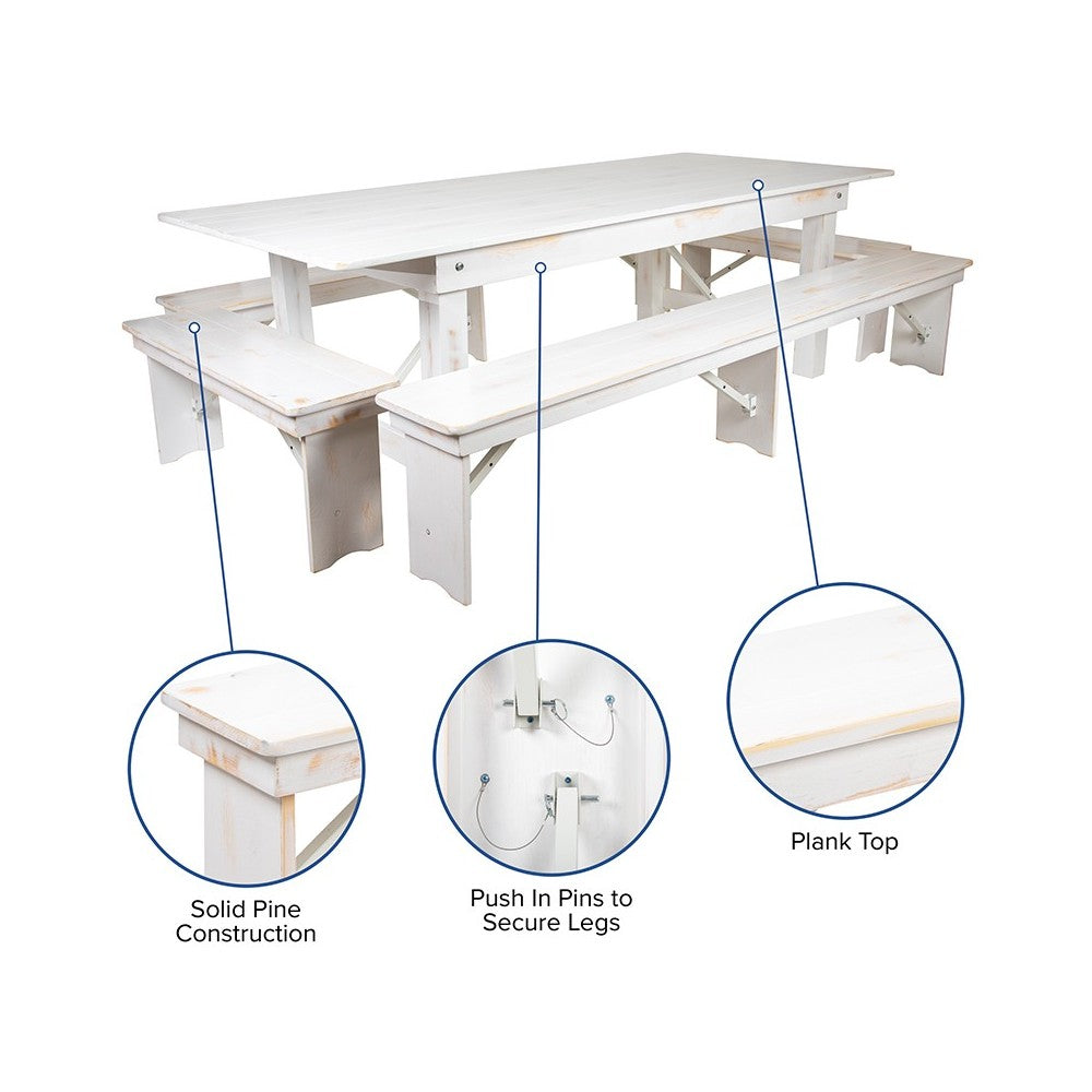 8' x 40" Antique Rustic White Folding Farm Table and Four Bench Set