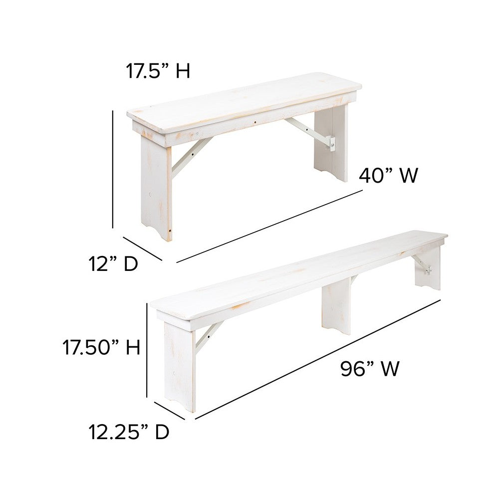 8' x 40" Antique Rustic White Folding Farm Table and Four Bench Set