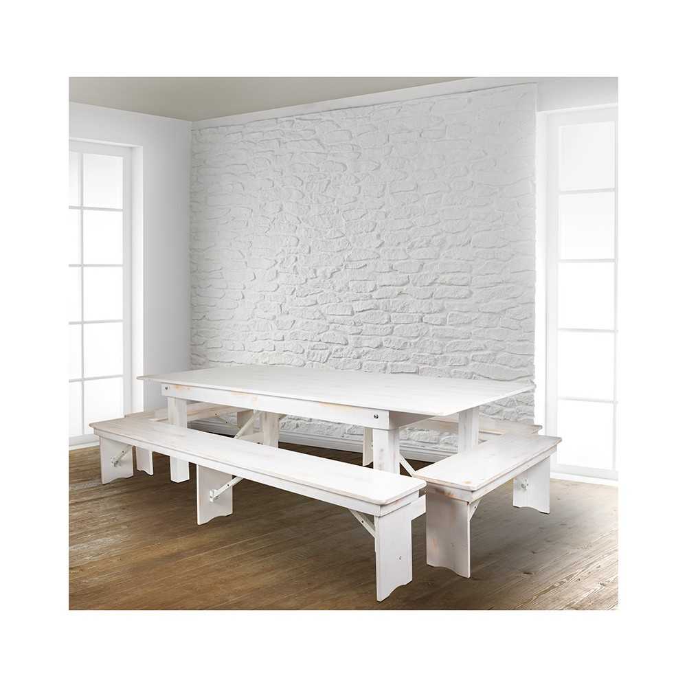 8' x 40" Antique Rustic White Folding Farm Table and Four Bench Set