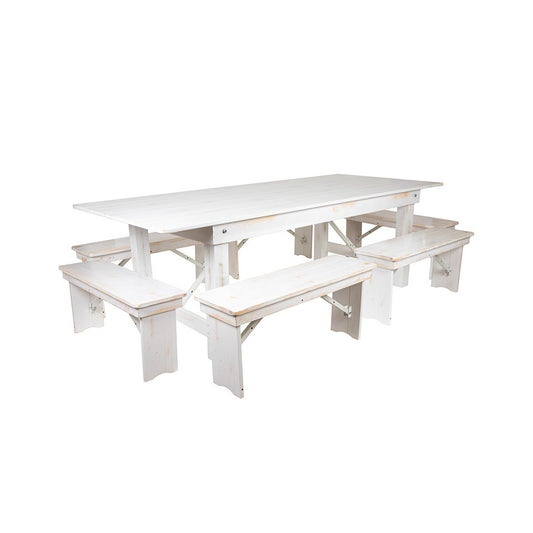 8' x 40" Antique Rustic White Folding Farm Table and Six Bench Set