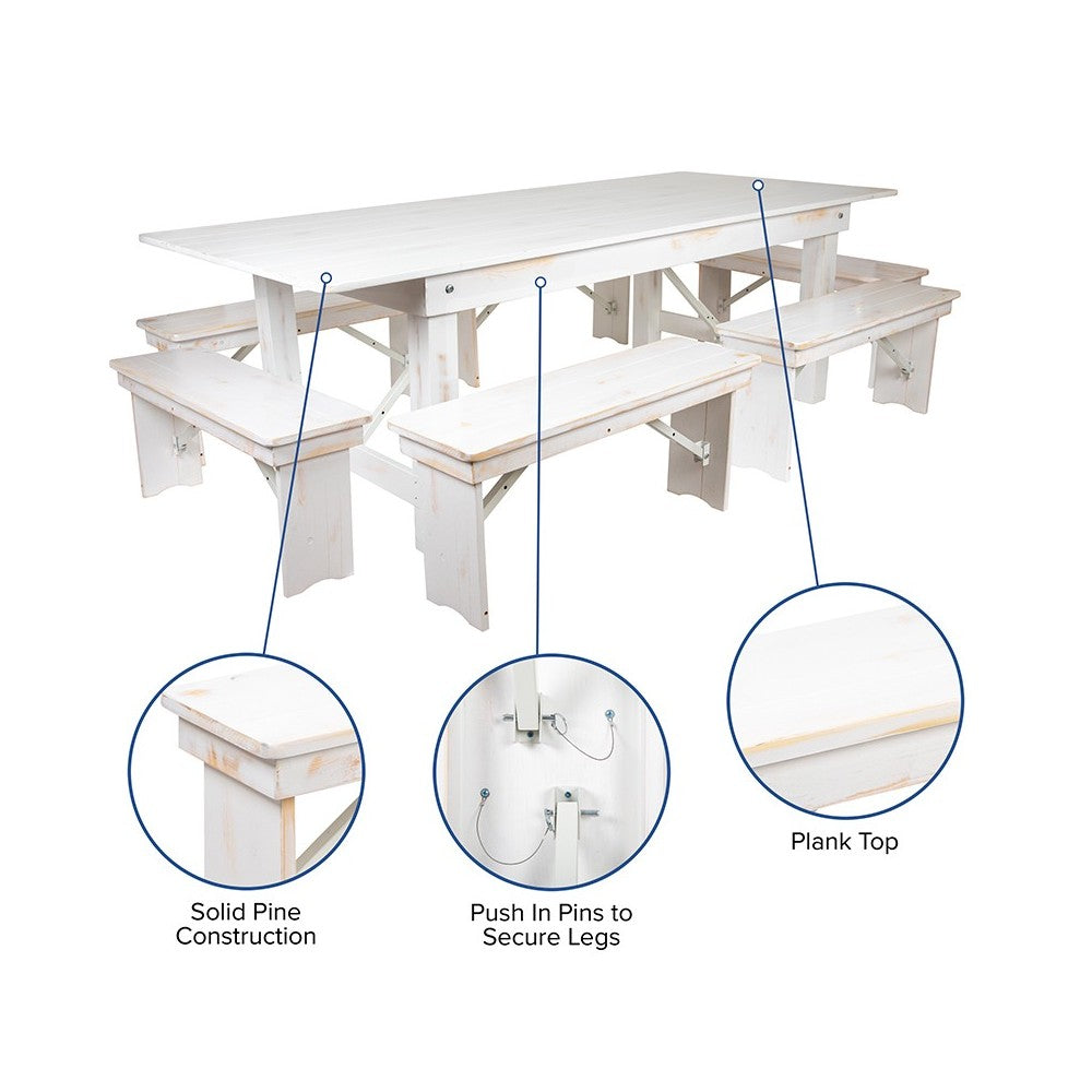 8' x 40" Antique Rustic White Folding Farm Table and Six Bench Set