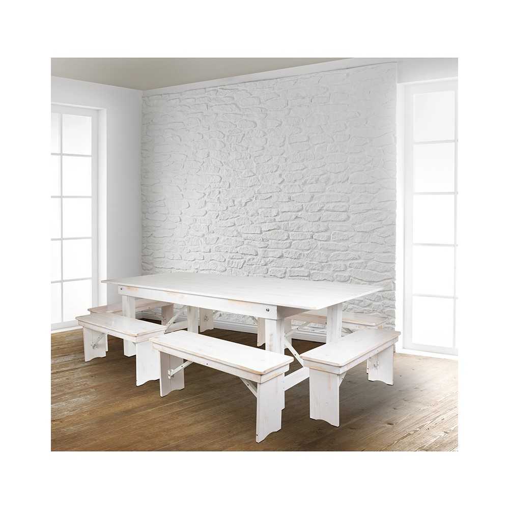 8' x 40" Antique Rustic White Folding Farm Table and Six Bench Set