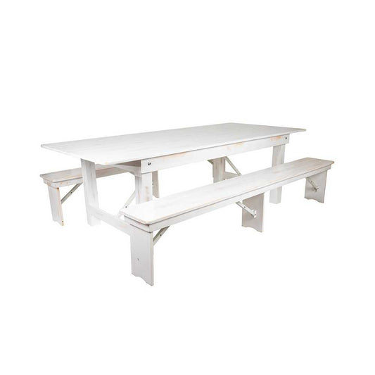 8' x 40" Antique Rustic White Folding Farm Table and Two Bench Set