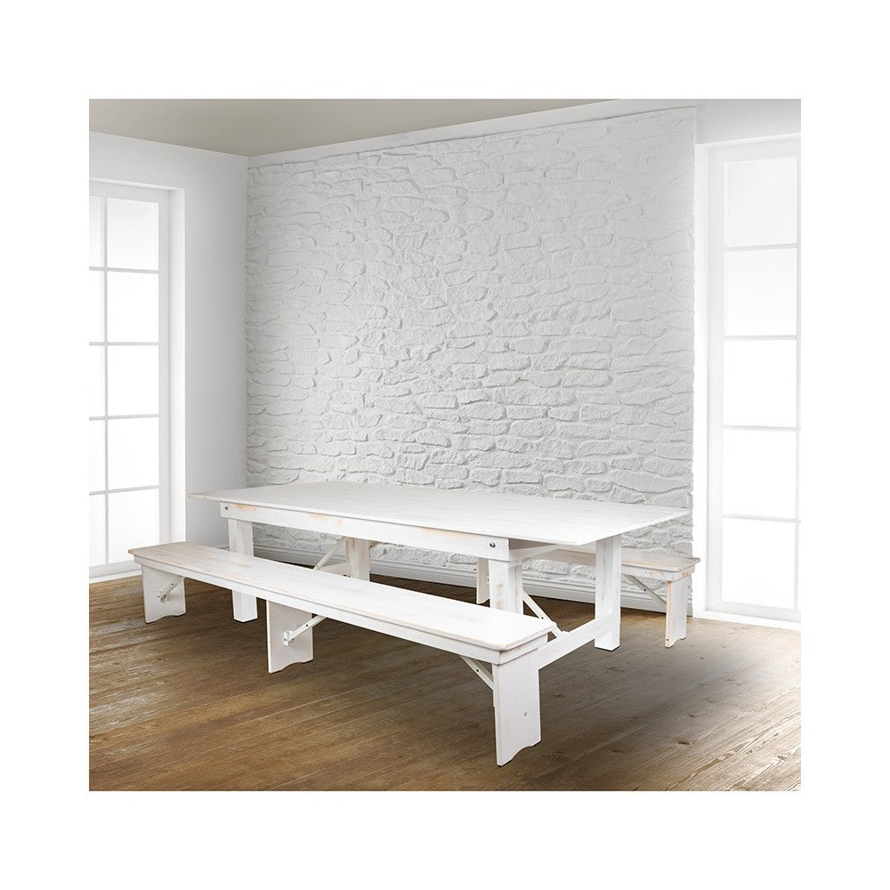 8' x 40" Antique Rustic White Folding Farm Table and Two Bench Set