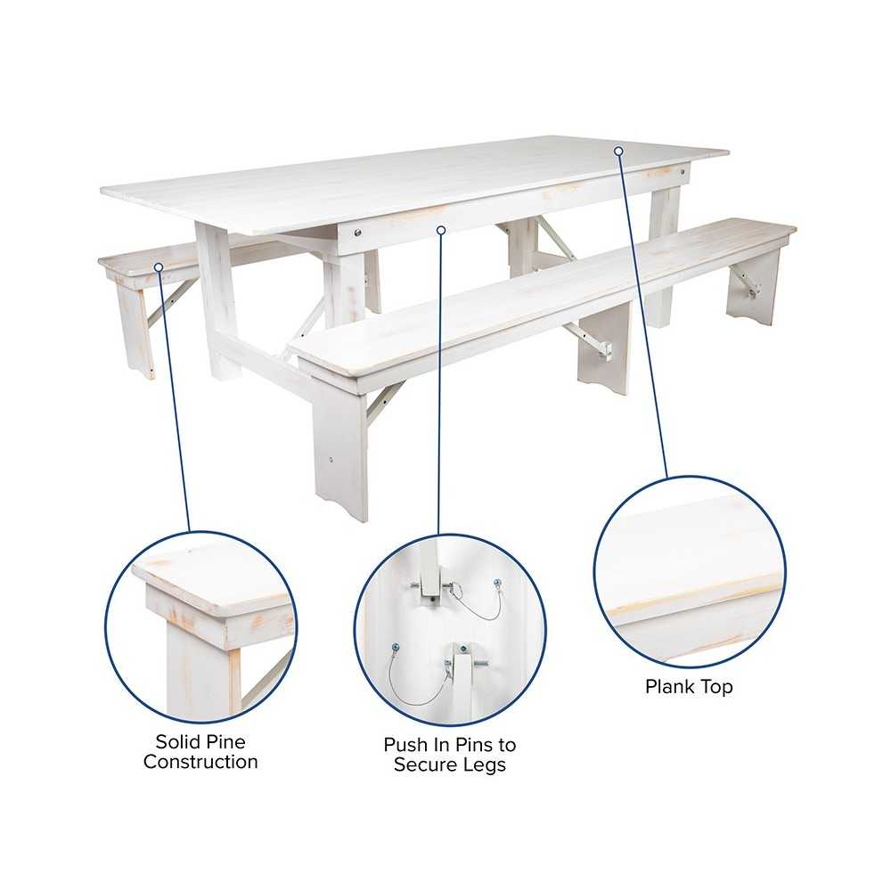 8' x 40" Antique Rustic White Folding Farm Table and Two Bench Set