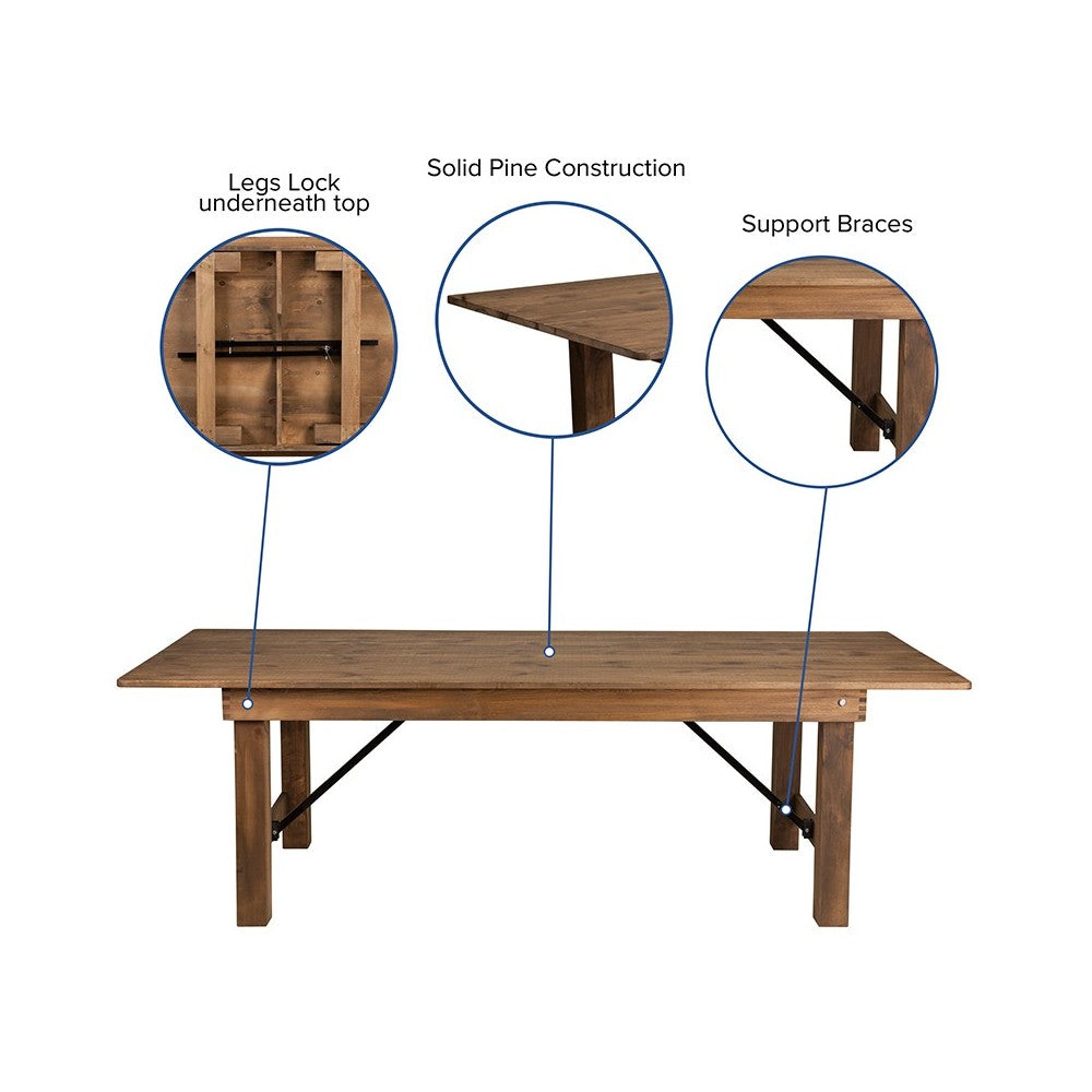 8' x 40" Rectangular Antique Rustic Solid Pine Folding Farm Table