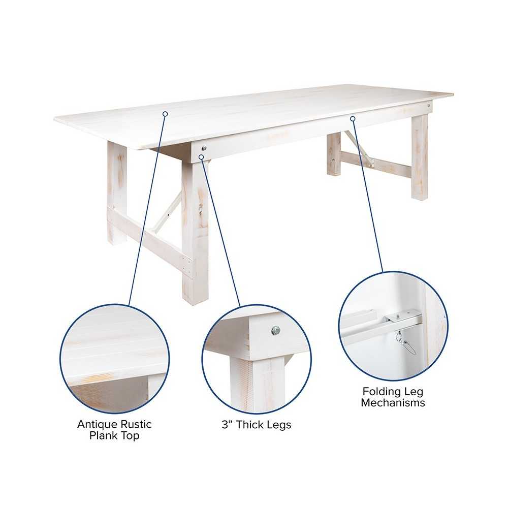 8' x 40" Rectangular Antique Rustic White Solid Pine Folding Farm Table