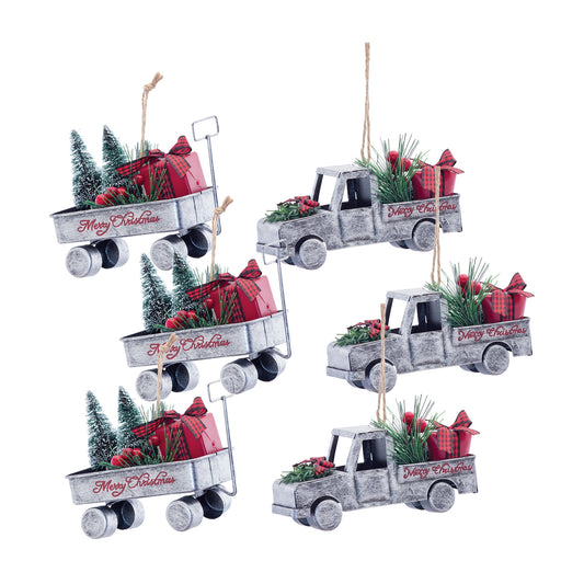Truck And Wagon Ornament (Set Of 6) 5.5"L, 4.75"L Iron