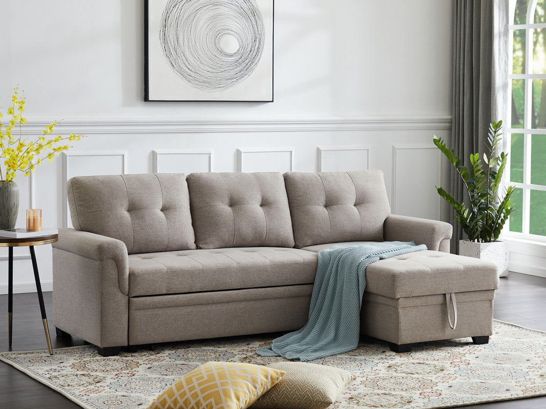 Lucca Light Gray Linen Reversible Sleeper Sectional Sofa with Storage Chaise