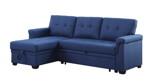 Lucca Blue Linen Reversible Sleeper Sectional Sofa with Storage Chaise