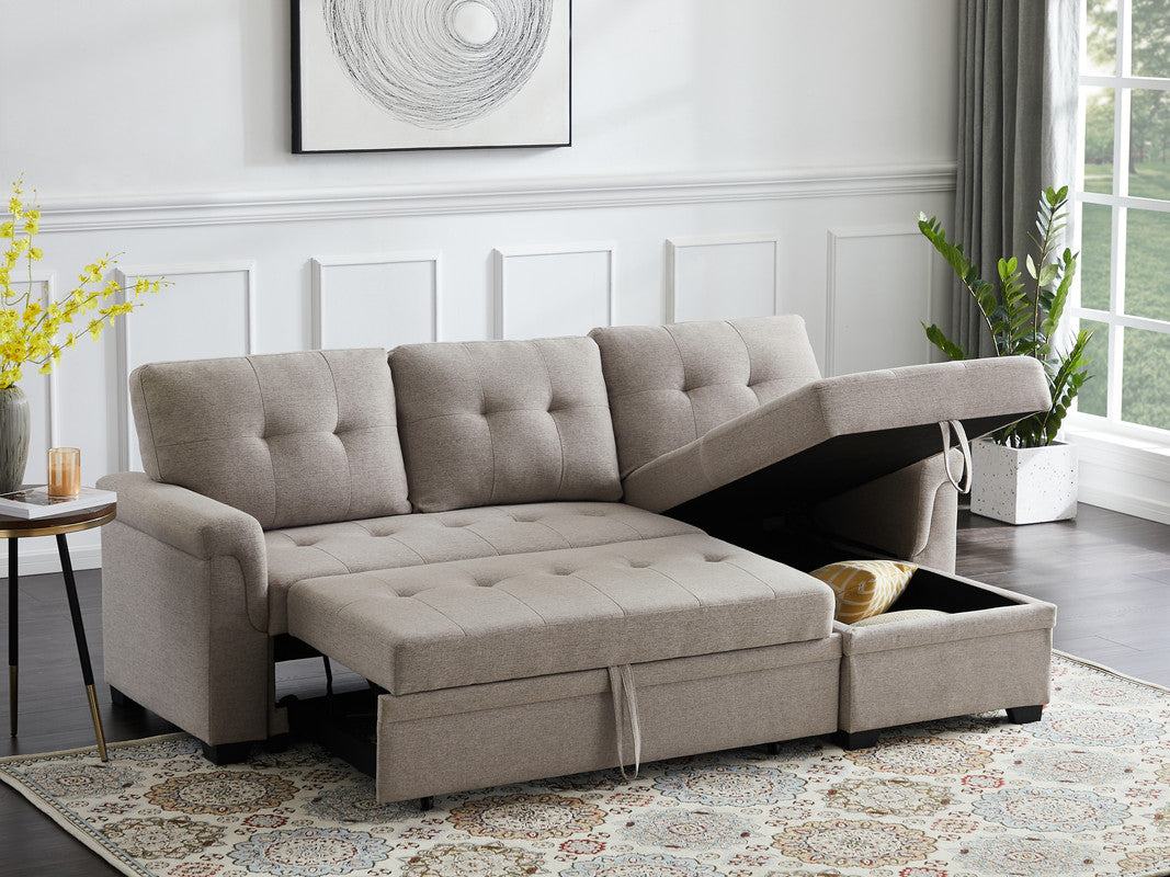 Lucca Light Gray Linen Reversible Sleeper Sectional Sofa with Storage Chaise