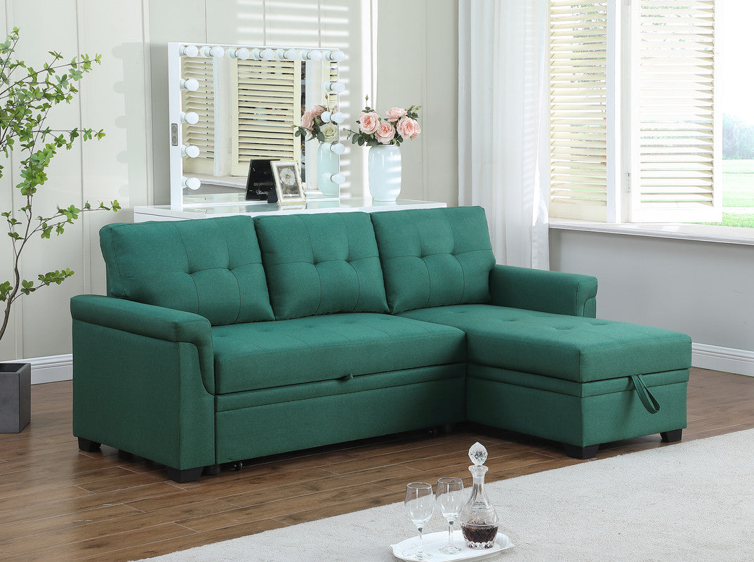 Lucca Green Linen Reversible Sleeper Sectional Sofa with Storage Chaise