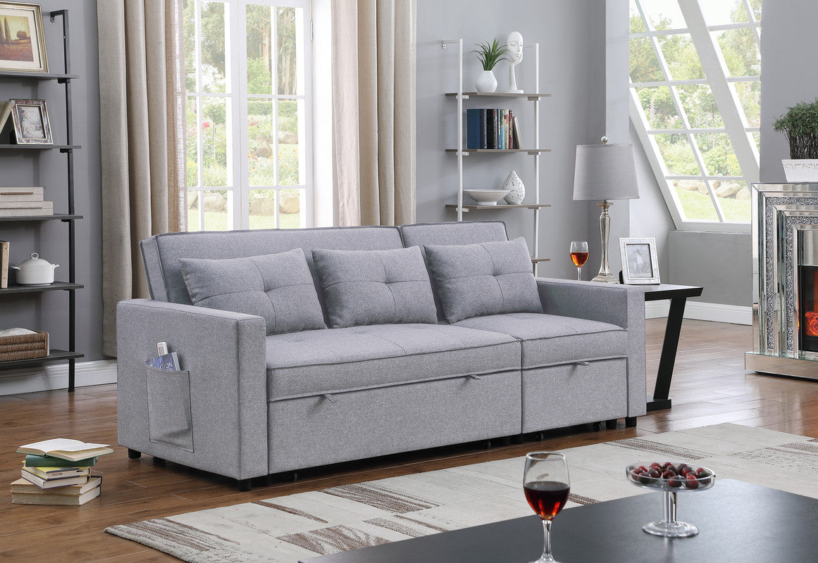 Lilola Home Zoey Light Gray Linen Convertible Sleeper Sofa with Side Pocket