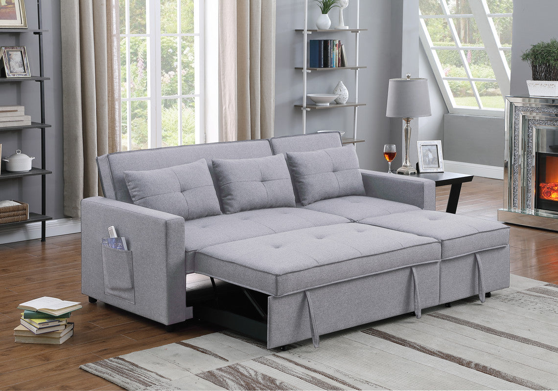 Lilola Home Zoey Light Gray Linen Convertible Sleeper Sofa with Side Pocket