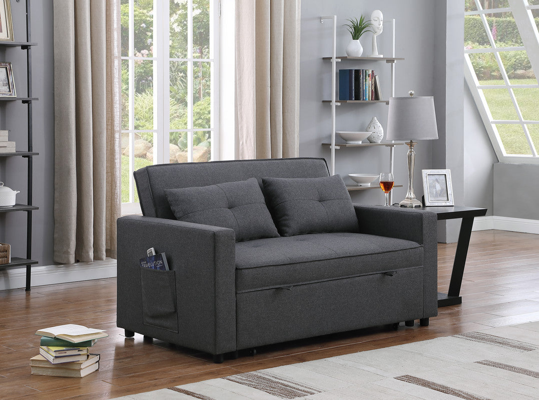 Lilola Home Zoey Dark Gray Linen Convertible Sleeper Loveseat with Side Pocket
