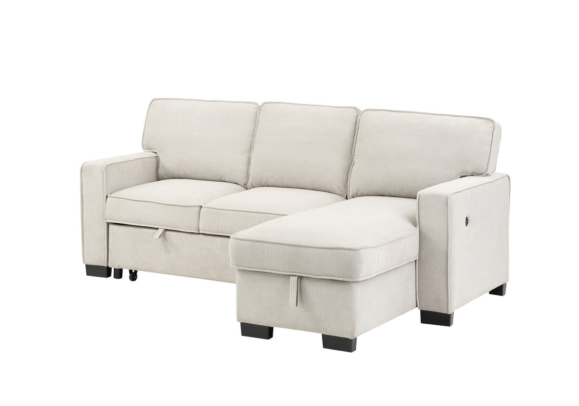 Estelle Beige Reversible Sleeper Sectional Chaise Drop-Down Table 2 Cup Holders