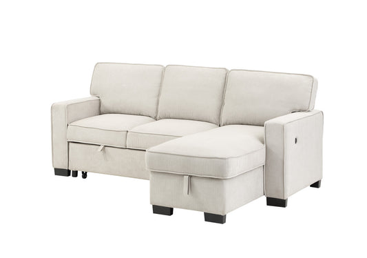Estelle Beige Reversible Sleeper Sectional Chaise Drop-Down Table 2 Cup Holders