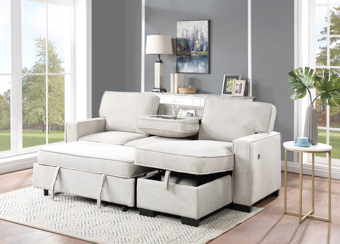 Estelle Beige Reversible Sleeper Sectional Chaise Drop-Down Table 2 Cup Holders
