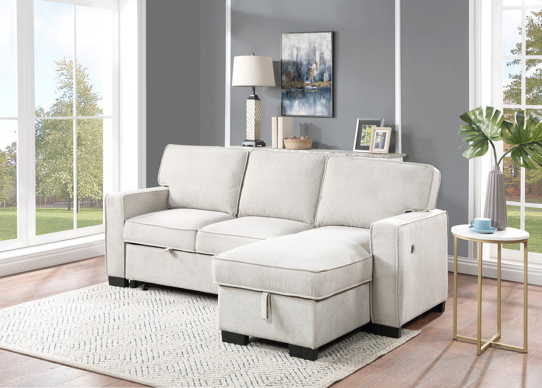 Estelle Beige Reversible Sleeper Sectional Chaise Drop-Down Table 2 Cup Holders