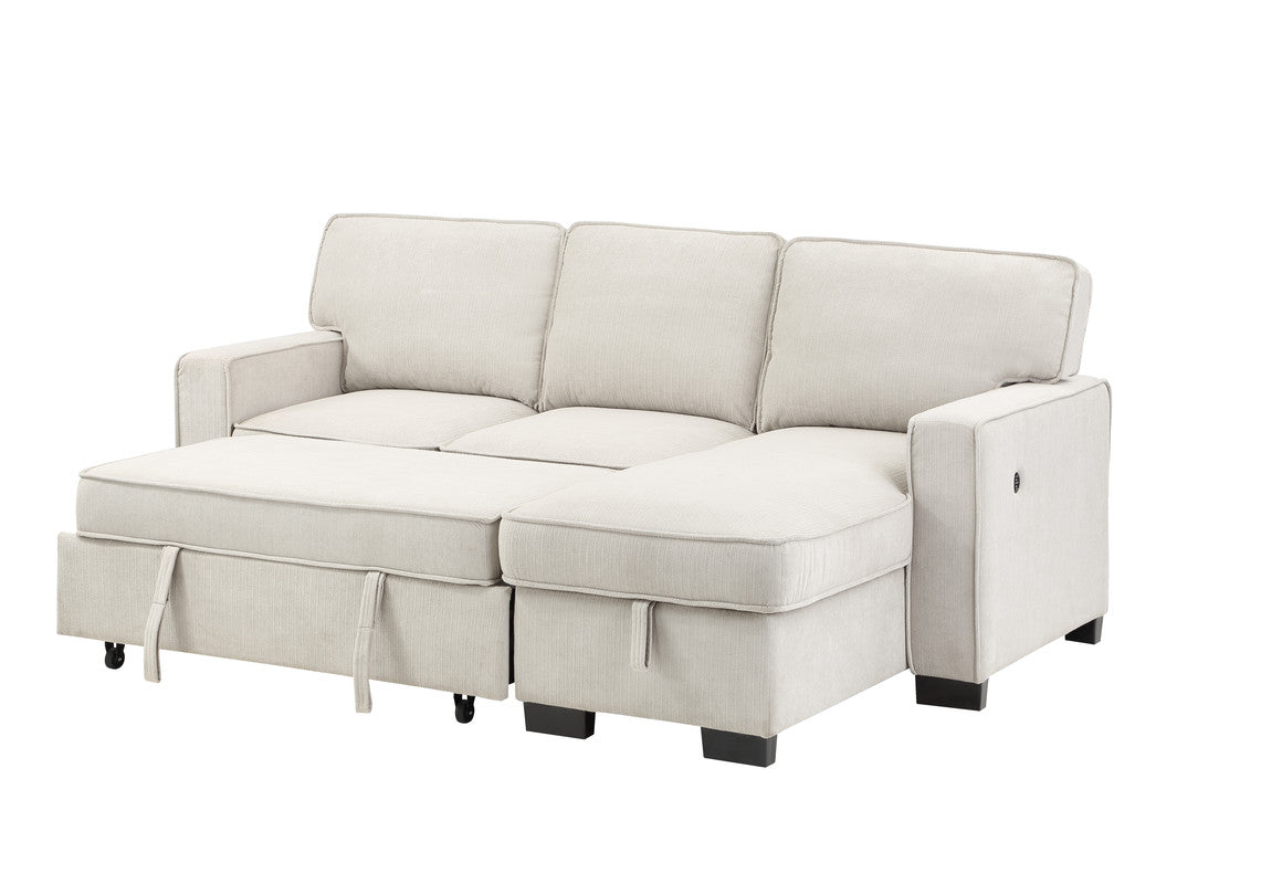 Estelle Beige Reversible Sleeper Sectional Chaise Drop-Down Table 2 Cup Holders