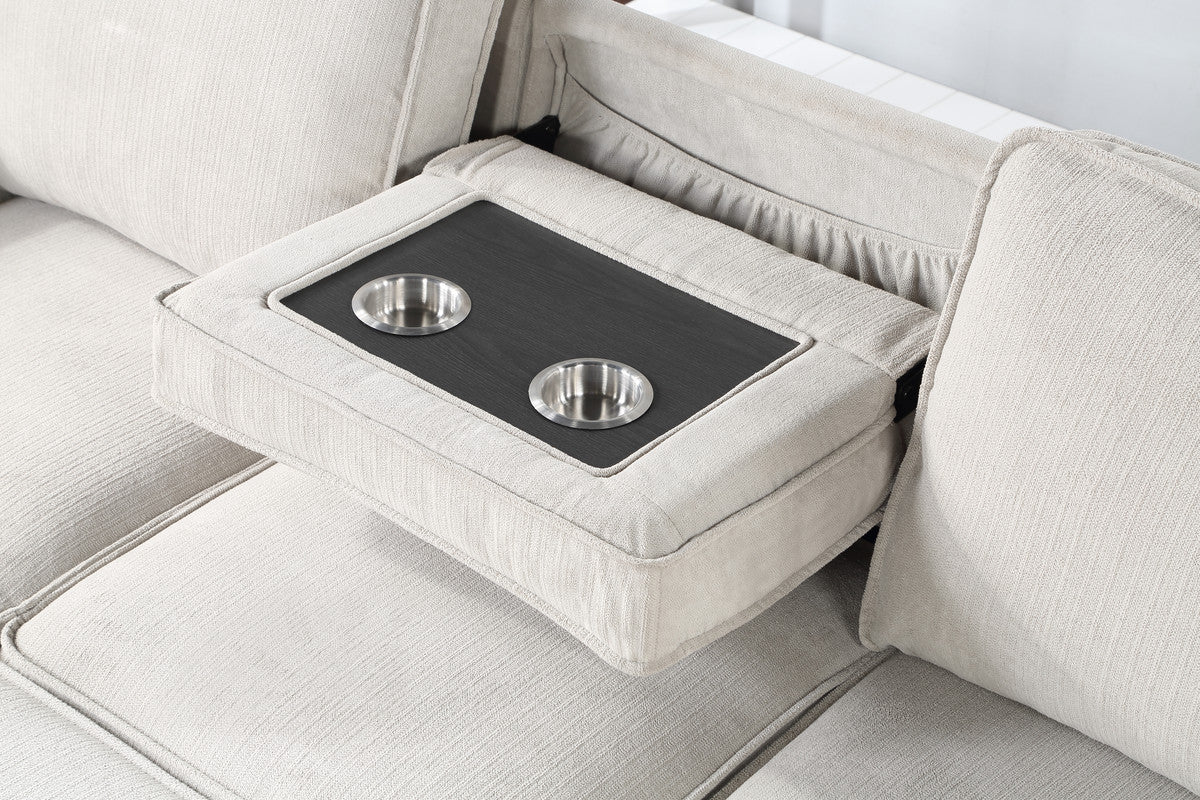 Estelle Beige Reversible Sleeper Sectional Chaise Drop-Down Table 2 Cup Holders