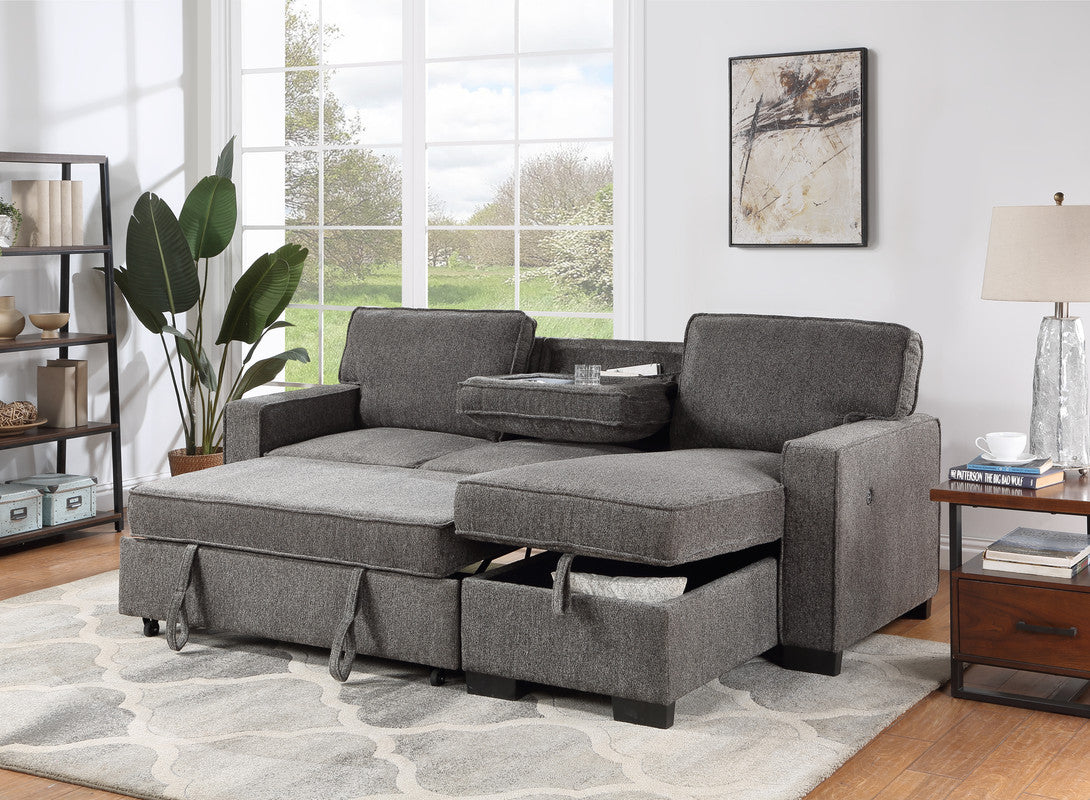 Estelle Dark Gray Reversible Sleeper Sectional Chaise Table 2 Cup Holders 2 USB