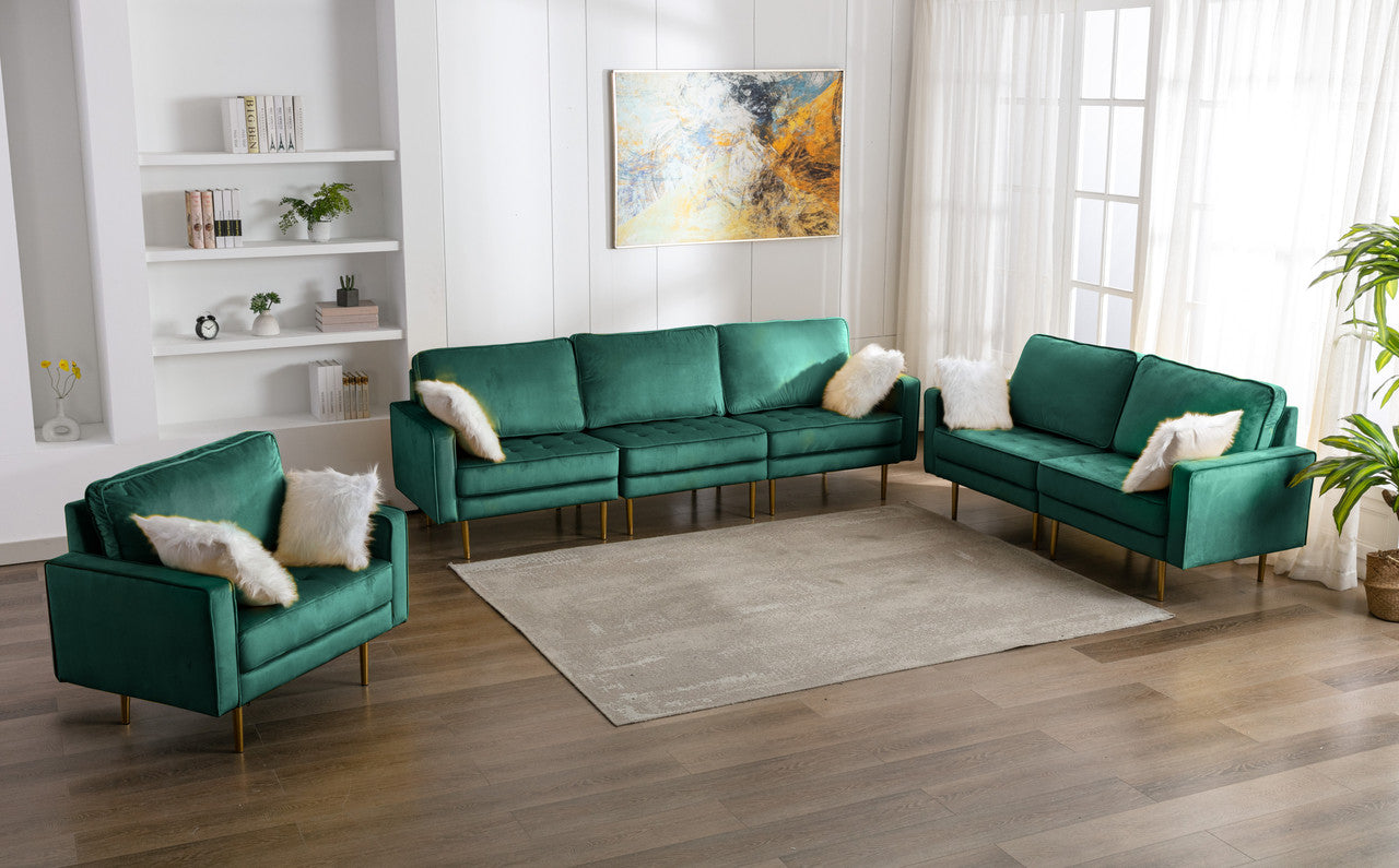 Lilola Home Theo Green Velvet Sofa Loveseat Chair Living Room Set with Pillows