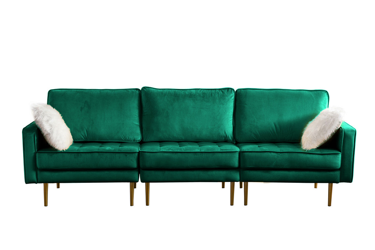 Lilola Home Theo Green Velvet Sofa Loveseat Chair Living Room Set with Pillows