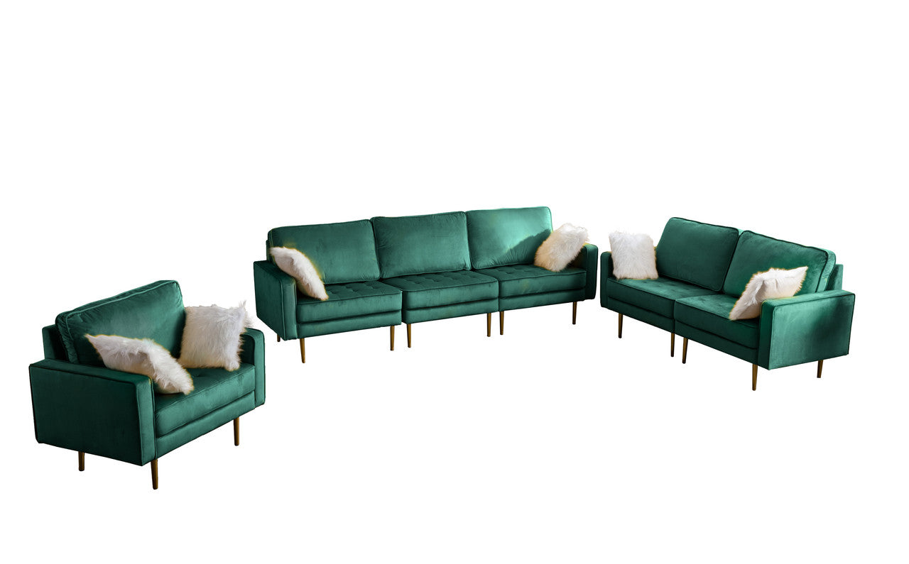 Lilola Home Theo Green Velvet Sofa Loveseat Chair Living Room Set with Pillows