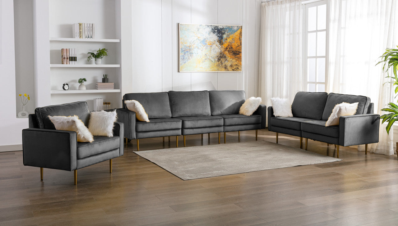 Lilola Home Theo Gray Velvet Sofa Loveseat Chair Living Room Set with Pillows