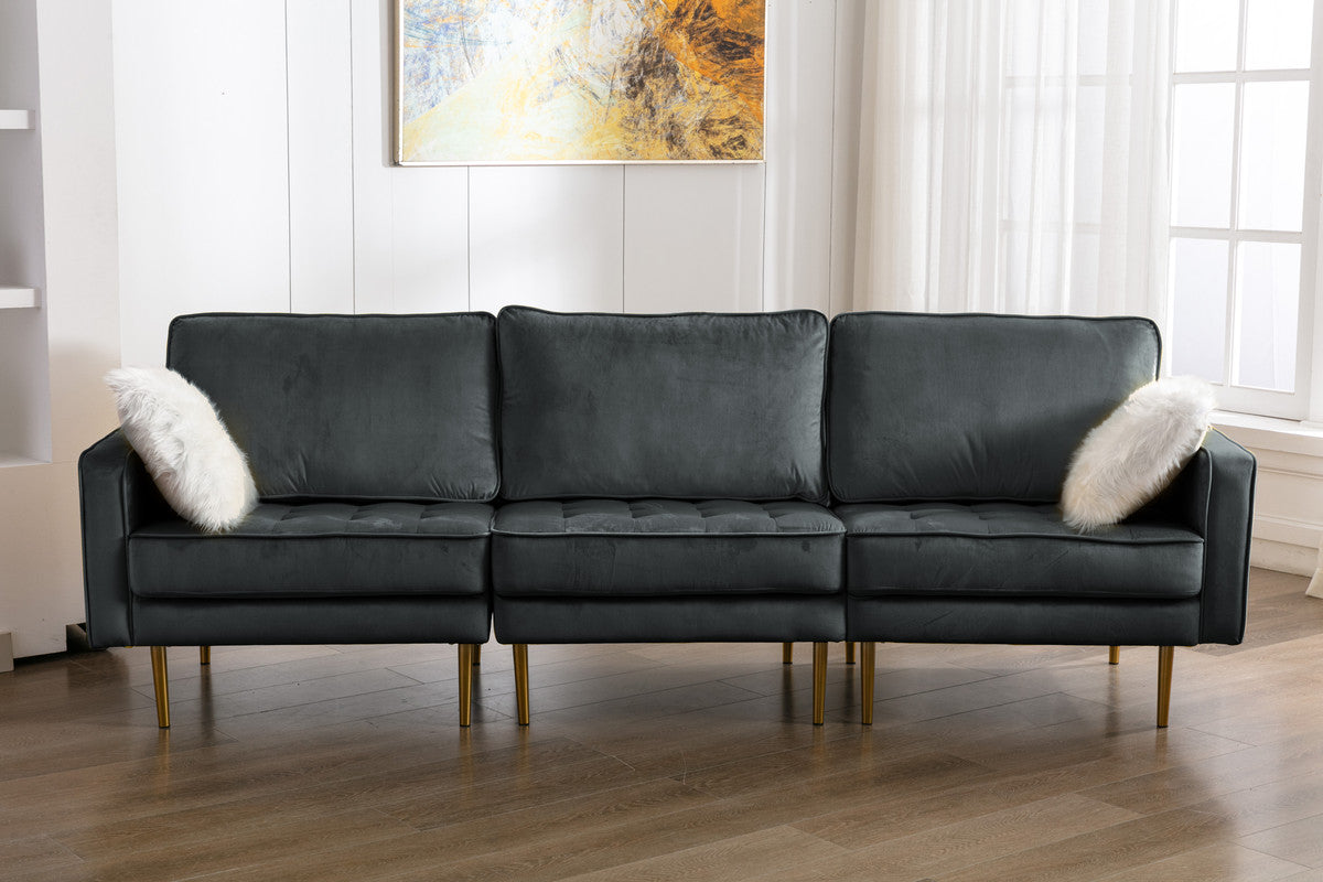 Lilola Home Theo Gray Velvet Sofa with Pillows