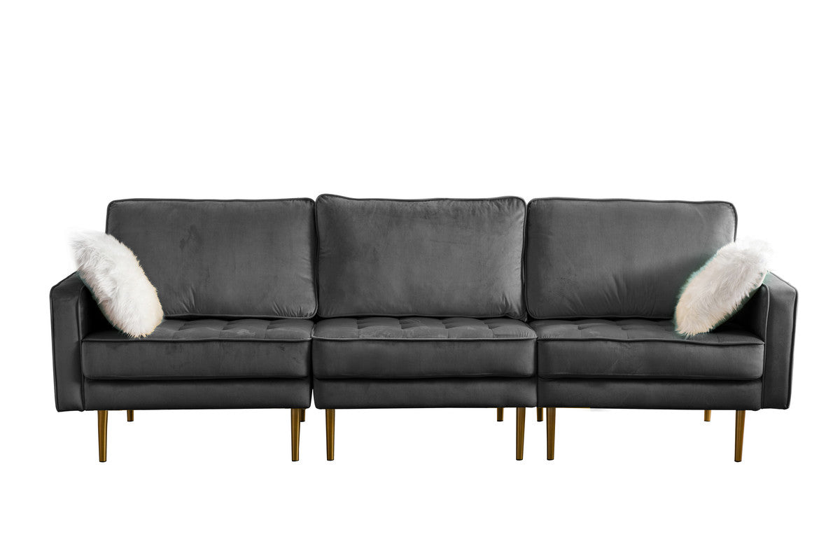 Lilola Home Theo Gray Velvet Sofa Loveseat Chair Living Room Set with Pillows