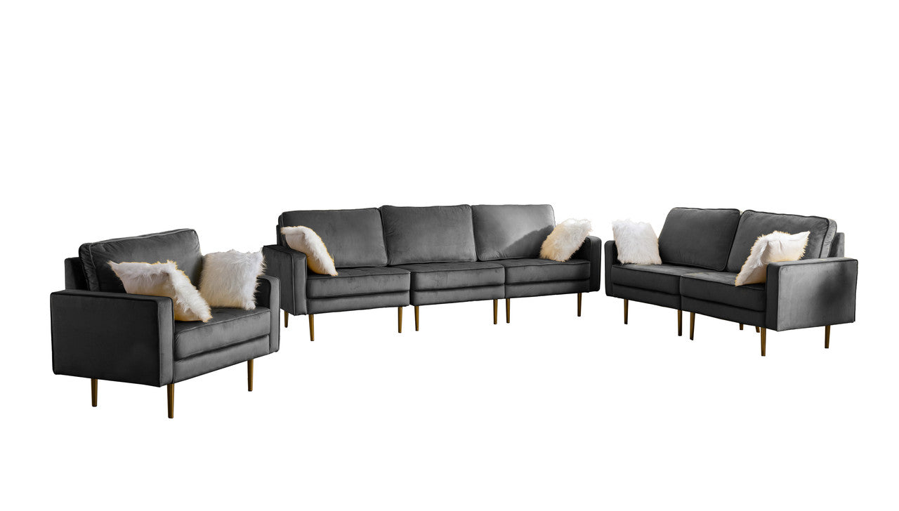 Lilola Home Theo Gray Velvet Sofa Loveseat Chair Living Room Set with Pillows