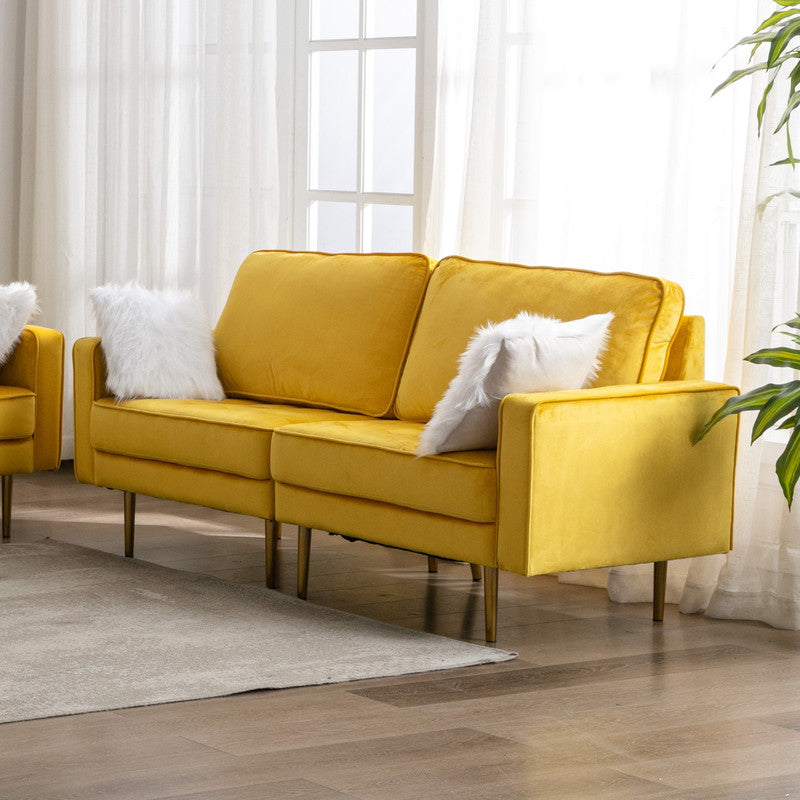 Lilola Home Theo Yellow Velvet Loveseat with Pillows