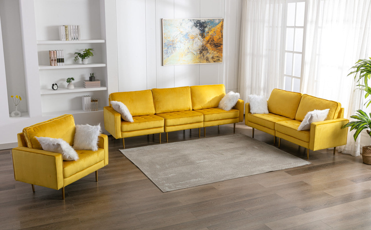 Lilola Home Theo Yellow Velvet Sofa Loveseat Chair Living Room Set with Pillows