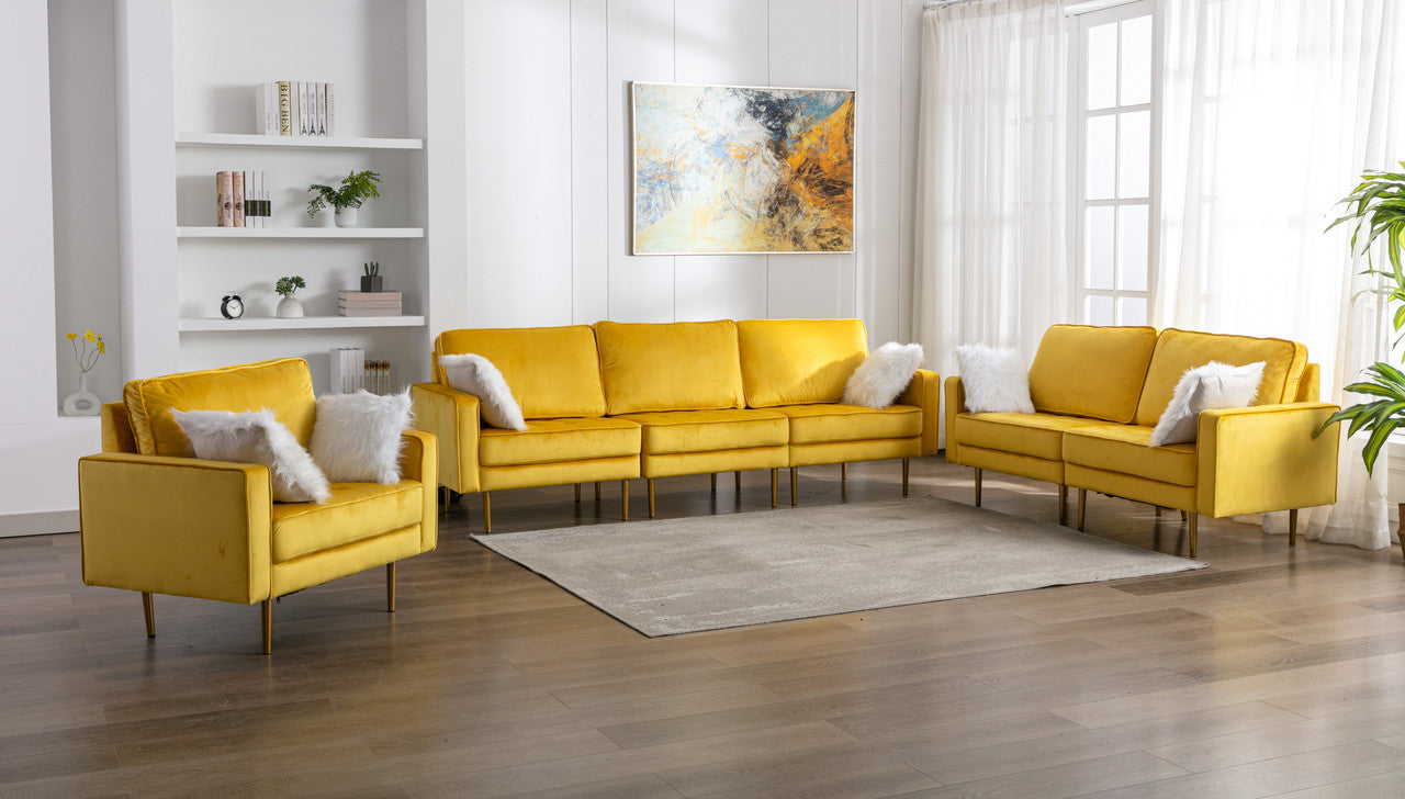 Lilola Home Theo Yellow Velvet Sofa Loveseat Chair Living Room Set with Pillows