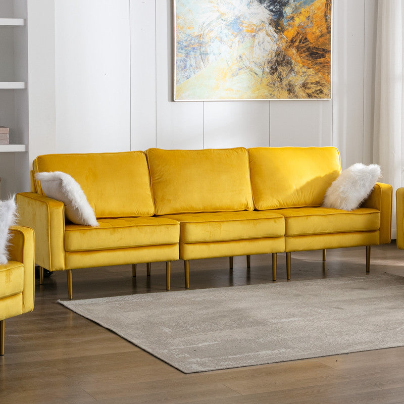 Lilola Home Theo Yellow Velvet Sofa with Pillows