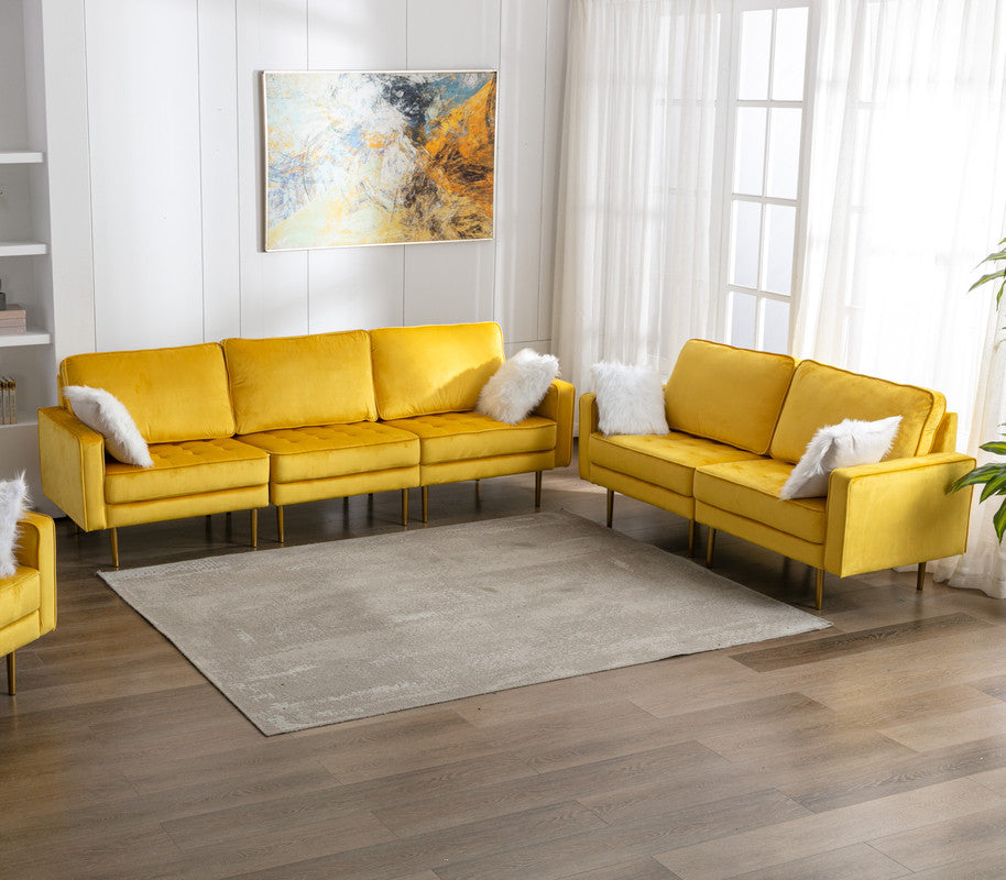 Lilola Home Theo Yellow Velvet Sofa Loveseat Living Room Set with Pillows