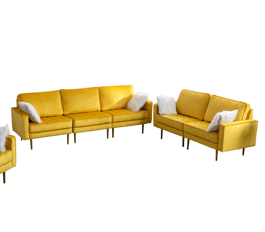 Lilola Home Theo Yellow Velvet Sofa Loveseat Living Room Set with Pillows