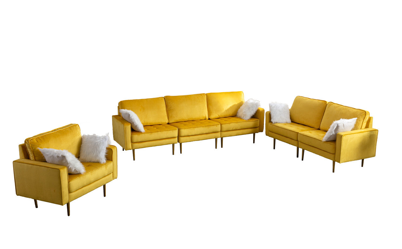 Lilola Home Theo Yellow Velvet Sofa Loveseat Chair Living Room Set with Pillows