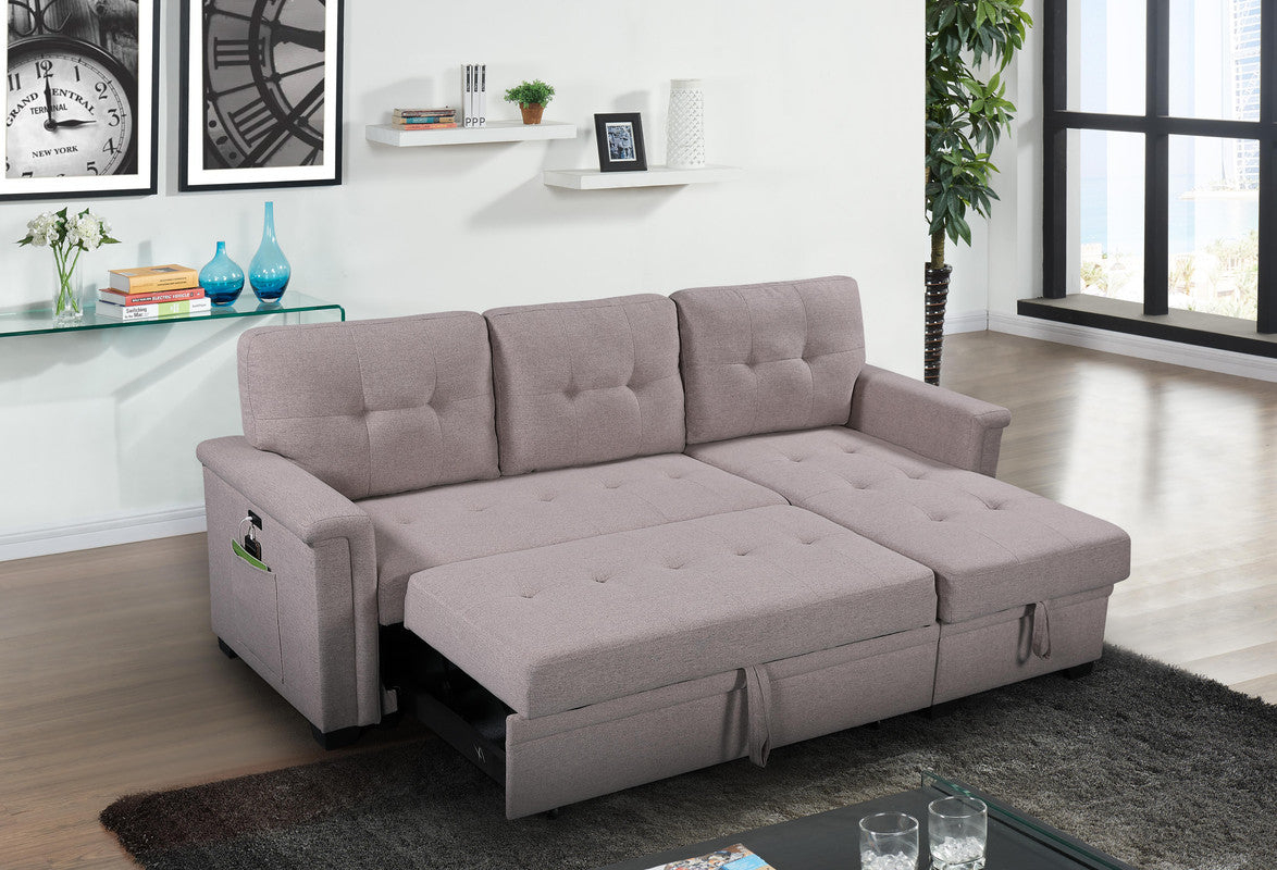 Ashlyn Light Gray Reversible Sleeper Sectional, Storage Chaise, Charging Ports