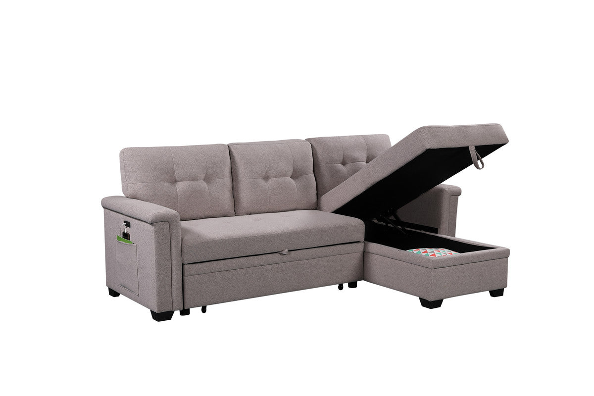 Nathan Light Gray Reversible Sleeper Sectional, Storage Chaise, Charging Ports
