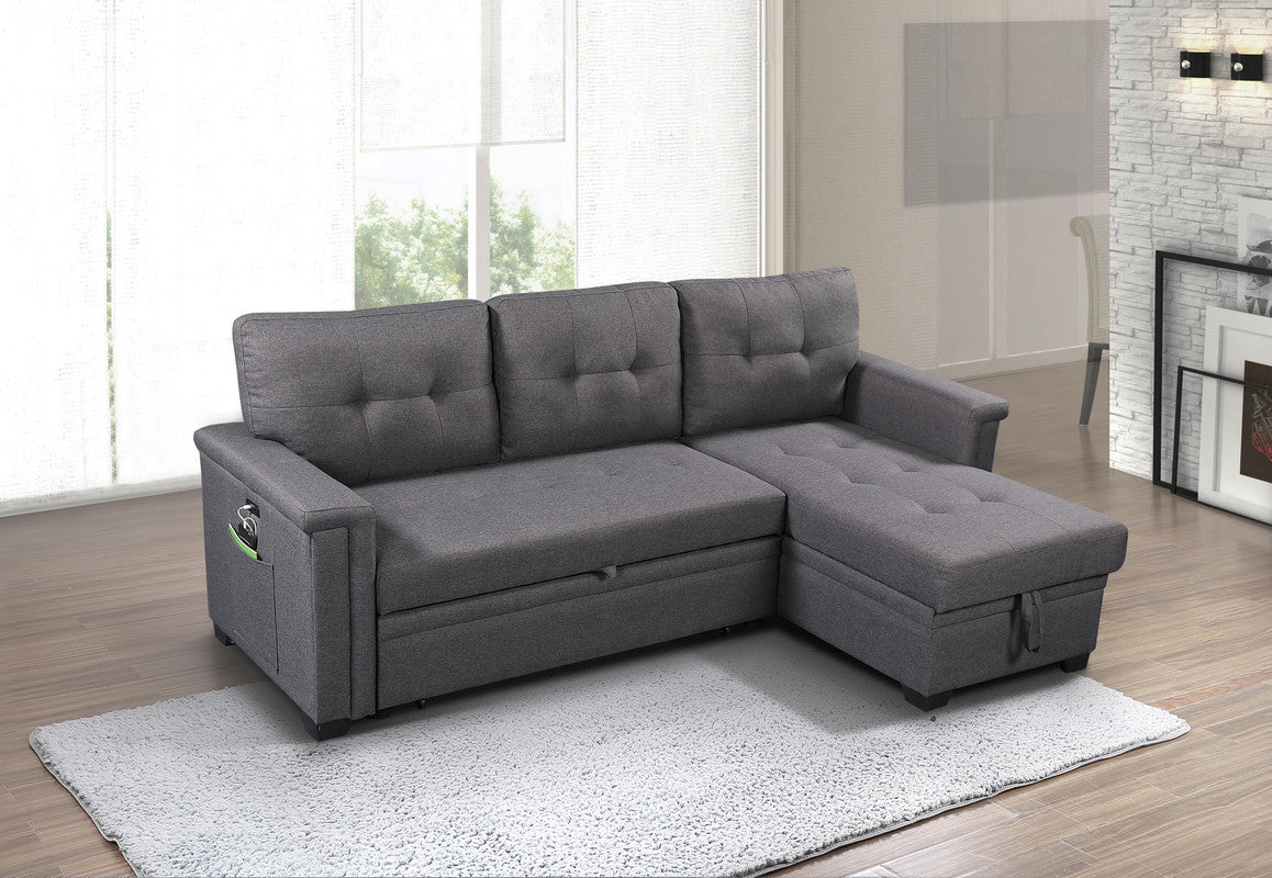 Ashlyn Dark Gray Reversible Sleeper Sectional, Storage Chaise, Charging Ports