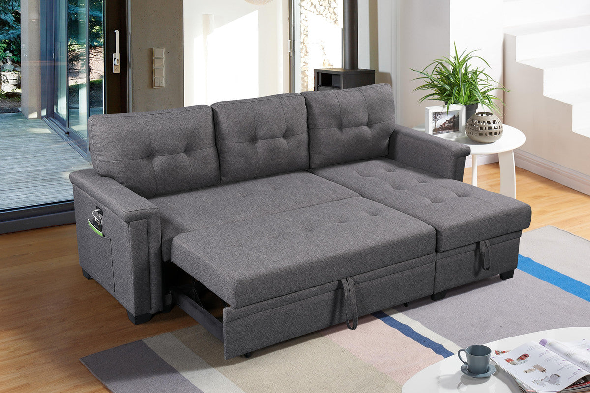 Ashlyn Dark Gray Reversible Sleeper Sectional, Storage Chaise, Charging Ports