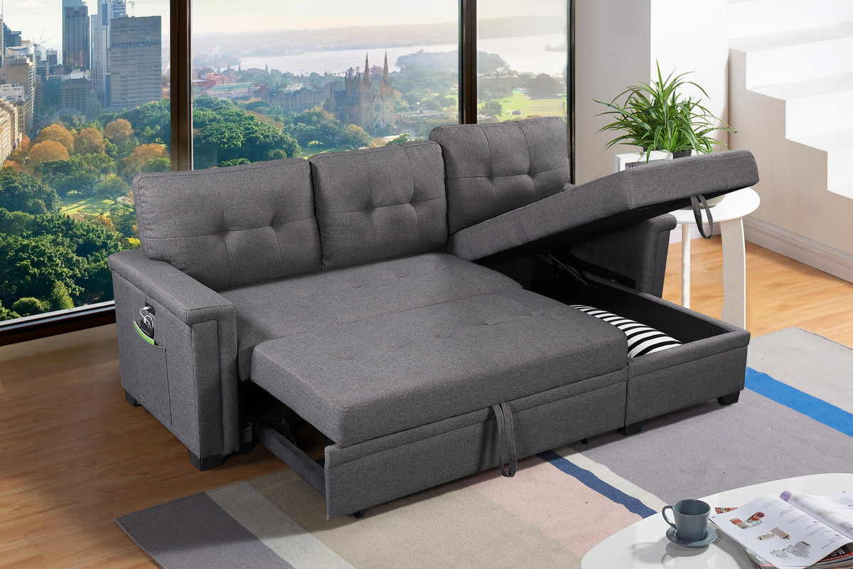 Ashlyn Dark Gray Reversible Sleeper Sectional, Storage Chaise, Charging Ports