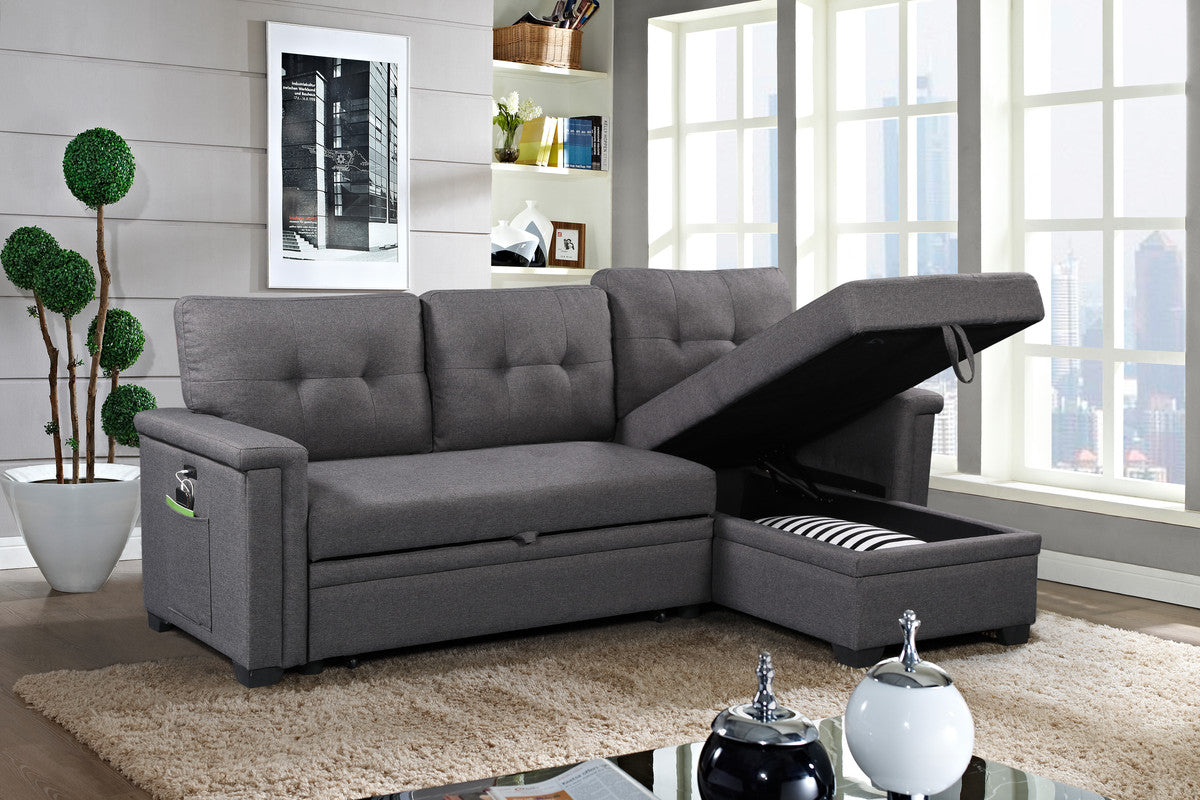 Ashlyn Dark Gray Reversible Sleeper Sectional, Storage Chaise, Charging Ports