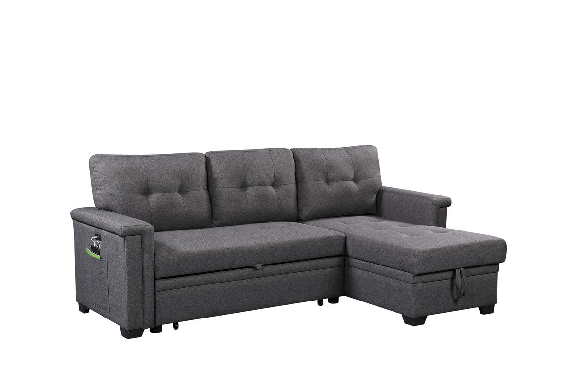 Nathan Dark Gray Reversible Sleeper Sectional, Storage Chaise, Charging Ports