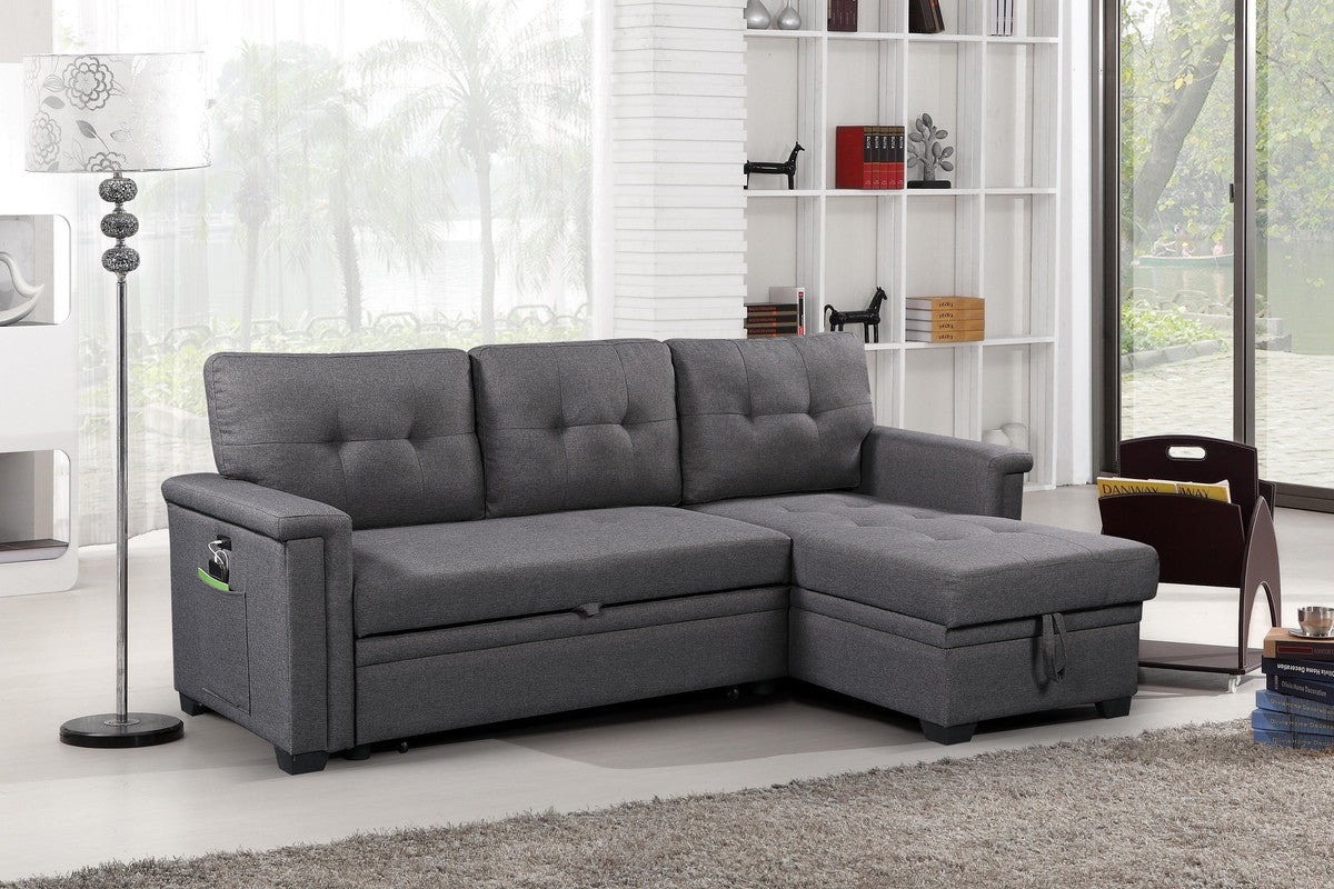 Ashlyn Dark Gray Reversible Sleeper Sectional, Storage Chaise, Charging Ports