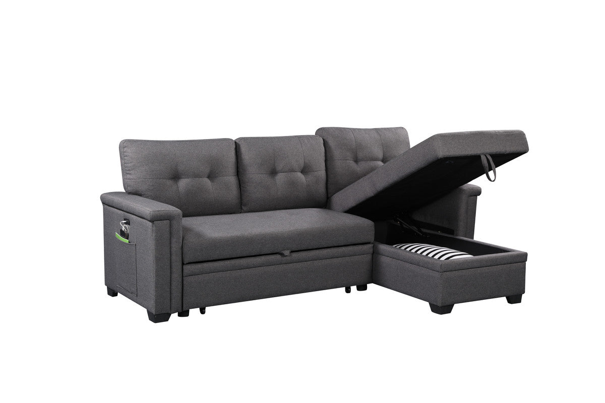 Nathan Dark Gray Reversible Sleeper Sectional, Storage Chaise, Charging Ports