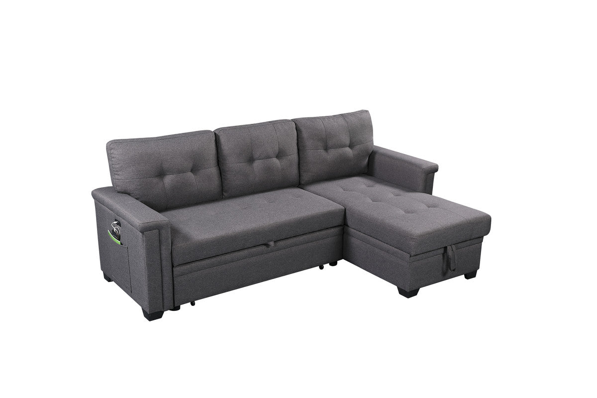 Nathan Dark Gray Reversible Sleeper Sectional, Storage Chaise, Charging Ports